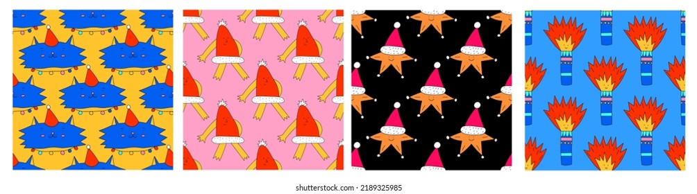 vector set seamless patterns-christmas and new year in the style of psychedelic 1970.Festive stars, santa claus hats, cats, fireworks.Hippie, funky, groovy celebration.New year greeting paper,textile