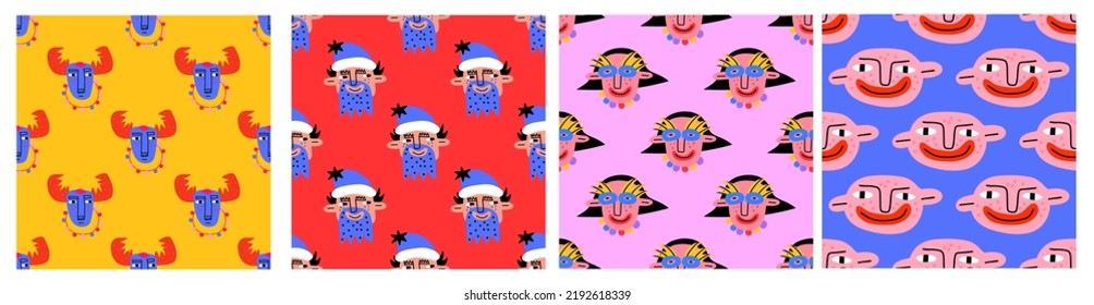 vector set seamless patterns-christmas and new year in the style of psychedelic 1970.Santa claus, deers, childreen, festival, party.Hippie, funky, groovy celebration.New year greeting paper,textile