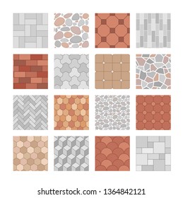 Vector set of seamless pavement textures. Collection of street pavements, brick, architectural elements. Top view. Paving stone pattern for map, landscape design, plan, garden, game. Rock stones slab