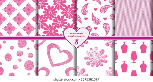 Vector set seamless pink monochrome valentines patterns with hearts on a transparent background. For textiles, wallpaper and packaging.