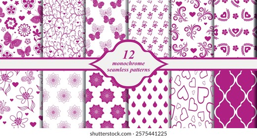 Vector set seamless purple monochrome valentines patterns with hearts on a transparent background. For textiles, wallpaper and packaging.