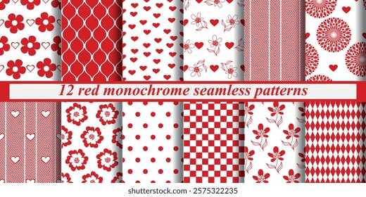 Vector set seamless red monochrome valentines patterns with hearts on a transparent background. For textiles, wallpaper and packaging.