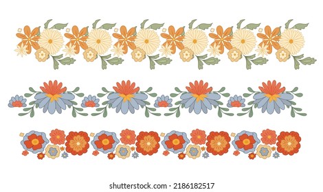 Vector Set Of Seamless Retro Border With Groovy Flowers Isolated From Background. Collection Of Hippie Frame With Various Flowers. Floral Retro Frieze For Brush And Text Delimiters