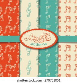 Vector set of seamless retro music patterns. Vintage pencil hand-drawn backgrounds.