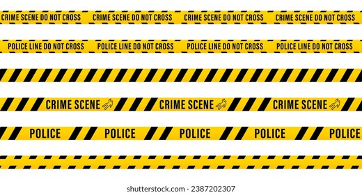 Vector set of seamless ribbons. Crime Scene Do Not Cross tape. Attention police ribbon. For restricted and hazardous areas. Yellow and black. Police line and danger tapes. Vector illustration