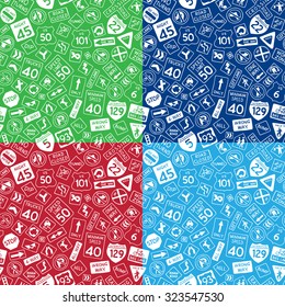 Vector set of seamless road signs patterns. Doodles traffic signs on red, green and blue backgrounds. Boundless texture can be used for web page backgrounds, wrapping papers and children designs.