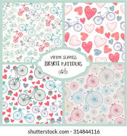 Vector set of seamless romantic bicycle patterns. Wedding backgrounds with hearts. Hand drawn, vintage
