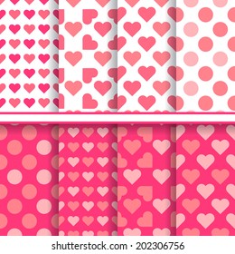 Vector set of seamless romantic love patterns made with hearts and dot