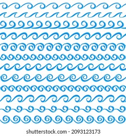 Vector set of seamless sea blue wave brushes in cartoon style. A collection of flat volume wavy marine borders. Design of frames, dividers, friezes, border, edging, braid. Brushes included in the file