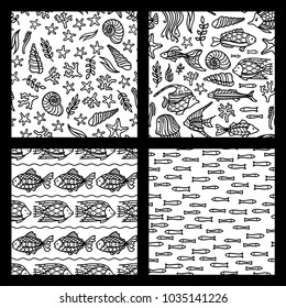 Vector set of seamless sea underwater patterns. Doodles fish, shells and starfish, sea plants, corals and algae. Boundless background can be used for web page background, wrapping paper and invitation