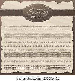 Vector set of seamless sewing borders. Hand-drawn retro stitches, seams and page dividers.  All used pattern brushes are included. 