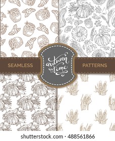 Vector set of seamless sketch autumn patterns. Pumpkin, wheat, corn, grape, jam, cranberry, autumn leaf, nut, mushroom, sunflower, apple, pear. Boundless hand-drawn sepia harvest backgrounds.