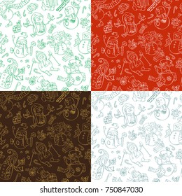 Vector set of seamless snowmen patterns. Snowmen are singing, skating, skiing. Candy canes, gift boxes, Christmas baubles, birds, garland, stars. Duotone hand-drawn illustrations.