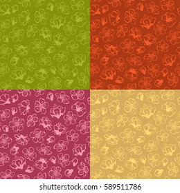 Vector set of seamless spring flower patterns. Hand-drawn contours of flowers from fruit trees on coloured background. Duotone boundless backgrounds.