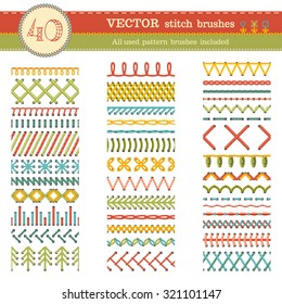 Vector set of seamless stitch brushes. Sewing patterns, seams, borders, page decorations and dividers isolated on white background. All used pattern brushes included.