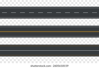 Vector set of seamless straight roads png. Top view of road or highway on isolated transparent background.