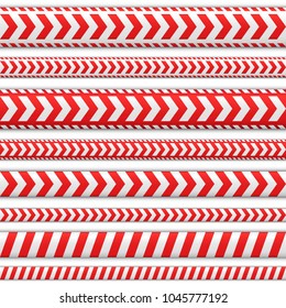 Vector set seamless tapes. Ribbons with red and white colour for direction designations. Direction indicator or attract attention in the necessary route. Signs caution, danger and warning.