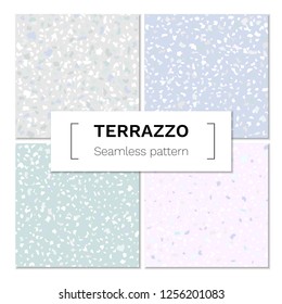 Vector set of seamless terrazzo abstract pattern. Marble mosaic flooring with natural stones, granite, concrete. Light pastel colors