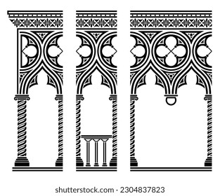 Vector set. Seamless texture of venetian gothic architectural arches gallery