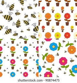 Vector set of seamless textures with cartoon flowers and bees