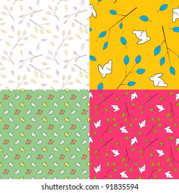 Vector set of  seamless textures with leafs and rabbits