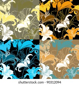 Vector set of seamless textures with lilia flowers.