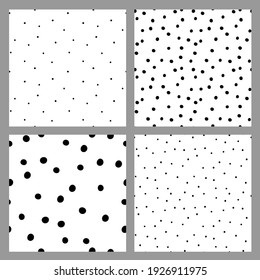 Vector set of seamless textures. Polka dot seamless patterns with black dots on white background. Card templates.