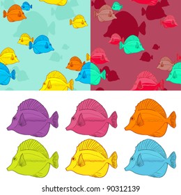 Vector set of seamless textures and tropical fishs.