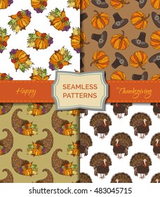 Vector set of seamless Thanksgiving patterns. Autumn leaf, corn, cornucopia, grape, pilgrim's hat, pumpkin, turkey, apple and pear. Boundless pattern for your festive design. Harvest time templates.