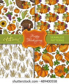 Vector set of seamless Thanksgiving patterns. Corn, cornucopia, grape, pilgrim's hat, pumpkin, turkey, wheat, cranberry, autumn leaf, mushroom, sunflower, apple, pear. Boundless harvest backgrounds.