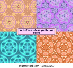Vector set of seamless traditional colorful patterns. Kaleidoscopic design for fabric, for gift wrap. 