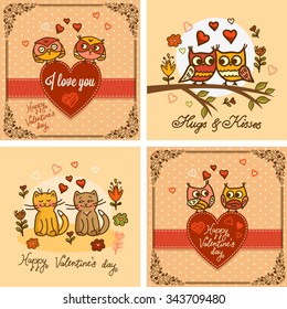 Vector set of seamless valentine greeting cards with cute cats and owls. Valentines Day design.