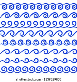 Vector set of seamless wave brushes. Abstract decorative wave of blue color on a white background. A collection of endless marine and sea-style dividers for fringing, borders, boarders and frames