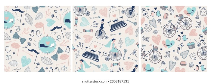 Vector set of seamless wedding patterns, vintage romantic love cards background. Hand drawn retro elements, bicycles, glasses, hearts, typing writer, mustache, birds 