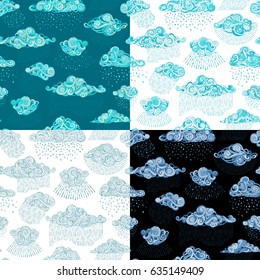 Vector set of seamless wet weather patterns. Various ornate clouds and rain drops. Doodles boundless backgrounds.