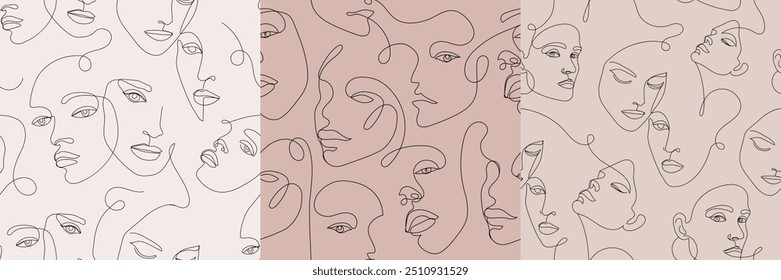 Vector set of seamless woman face one line patterns, female outline continuous drawing. Beauty print, people portrait art.