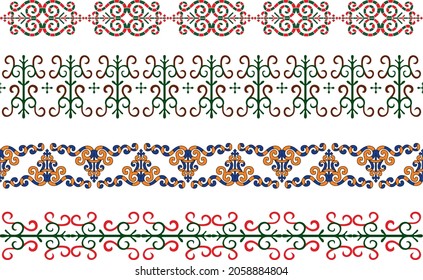 Vector set of seamless Yakut national ornaments. Colored endless Asian patterns, patterns and frames. Home decorations, carpets and ceramics. Traditions of northern peoples