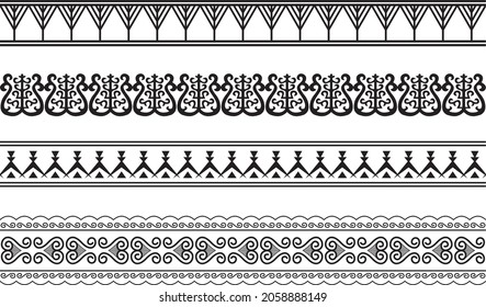 Vector set of seamless Yakut national ornaments. monochrome endless asian patterns, bodices and frames. Home decorations, carpets and ceramics. Traditions of northern peoples
