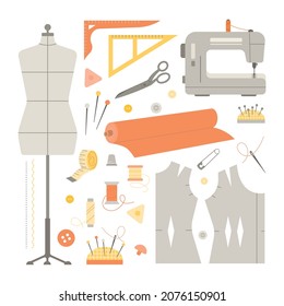 Vector set of seamstress, designer tools: sewing machine, tailor scissors, pins, needles, chalk, mannequin, fabric roll, rulers, patterns, threads, buttons. White background