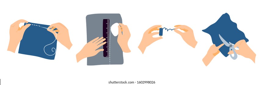 Vector set of seamstress hands. The hands of a man who sews, draws on a lazy cloth, unwinds blue threads, cuts fabric. Illustration for sewing courses, learning site, poster with master classes.