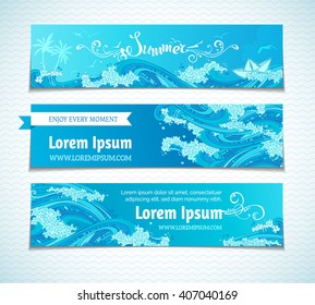 Vector set of sea/ocean horizontal banners. Bright decorative illustration. Hand-written lettering. There is place for text on blue background. Paper ship, seagulls and waves.