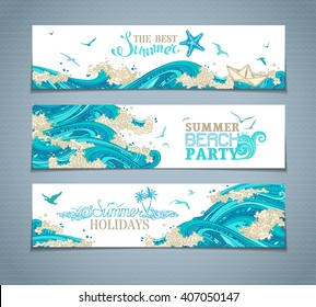 Vector set of sea/ocean horizontal banners. Bright decorative illustration. Hand-written lettering. There is place for text on white background. 