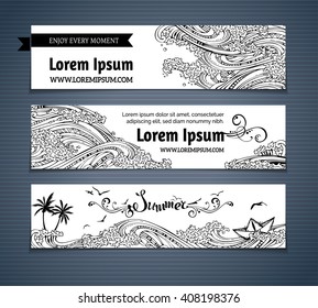 Vector set of sea/ocean horizontal banners. Black and white hand-drawn linear illustration. There is place for text on white background. Seagulls, palms, paper ship and waves.
