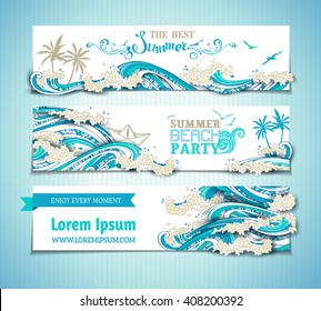 Vector set of sea/ocean horizontal banners. Bright hand-drawn illustration. The best summer. Summer beach party. There is place for text on white background. Seagulls, palms, paper ship and waves.