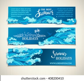 Vector set of sea/ocean horizontal banners. Bright decorative illustration. Hand-written lettering. There is place for text on dark blue background. Seagulls, palms and waves.