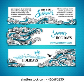 Vector set of sea/ocean horizontal banners. Paper ship, seagulls and waves. Summer holidays. The best summer. Hand-drawn illustration. There is place for your text on white background. 