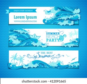 Vector set of sea/ocean horizontal banners. Bright decorative illustration. Summer beach party. The best summer. There is place for your text on white background. 