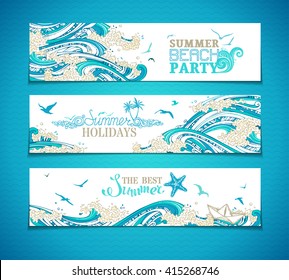 Vector set of sea/ocean horizontal banners. Paper ship, starfish, seagulls and waves. Summer beach party. Summer holidays. The best summer. Bright decorative illustration. There is place for text.