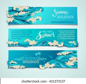 Vector set of sea/ocean horizontal banners. Bright decorative illustration. Hand-written lettering. There is place for text on blue background. Paper ship, seagulls and waves.