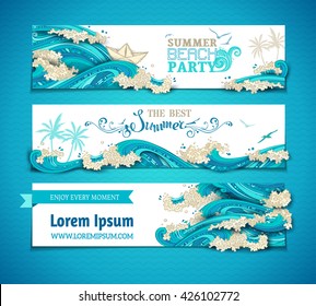 Vector set of sea/ocean horizontal banners. Bright decorative illustration. Summer beach party. The best summer. There is place for your text on white background. 